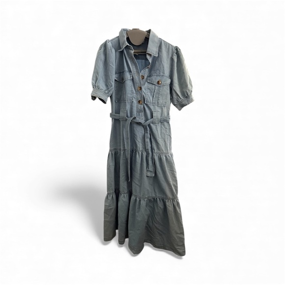 Elan Blue Denim Western Cowgirl Layered Maxi Belted Pocket Cotton Dress Small - Picture 9 of 9